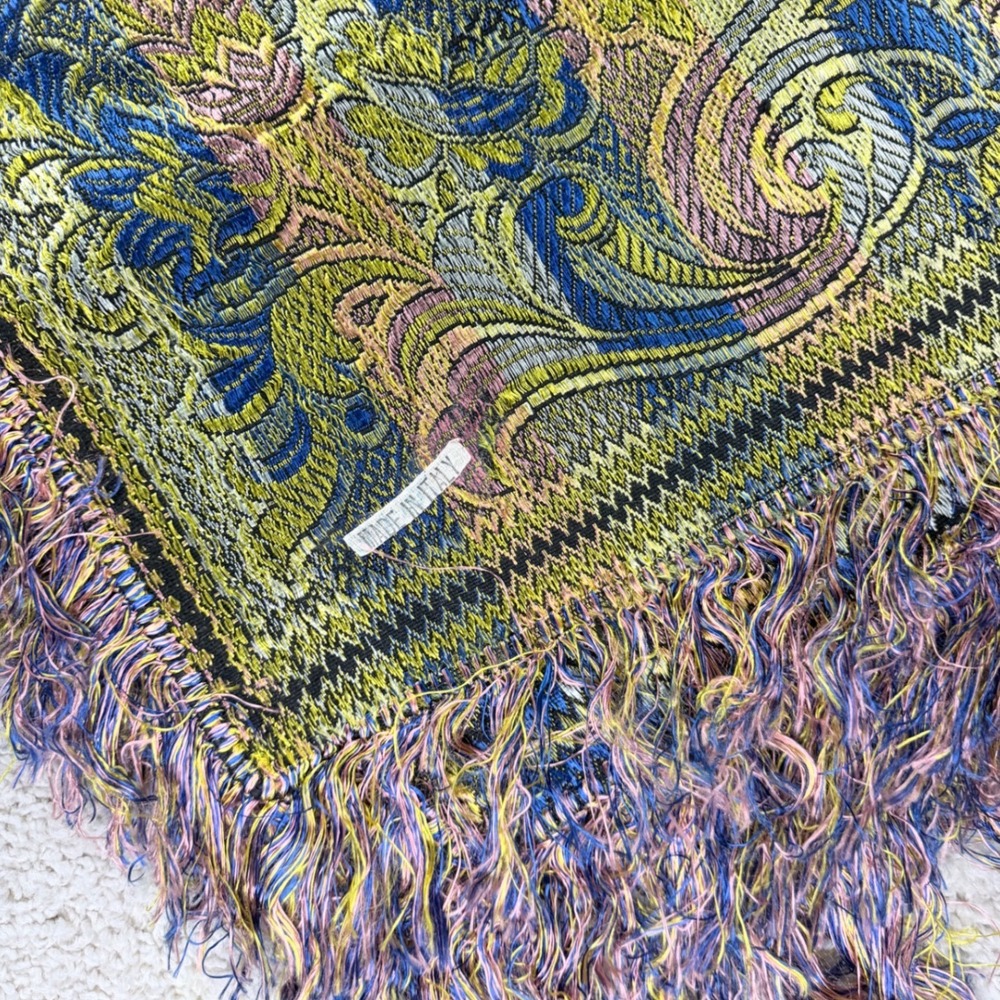 Unbranded Made in Italy Silk Throw Wrap 50x50 Gold Blue Paisley Jacquard Fringe